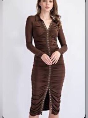 Ruched Chocolate Brown Long-Sleeve Button Snap- Closure  Midi Dress Size S